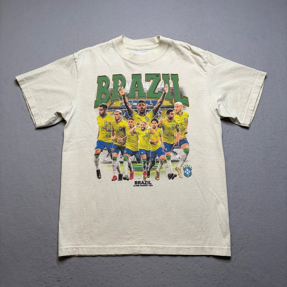 Game Changer Brazil Soccer T-Shirt Mens Medium Cream Y2K Graphic Neymar Vinicius